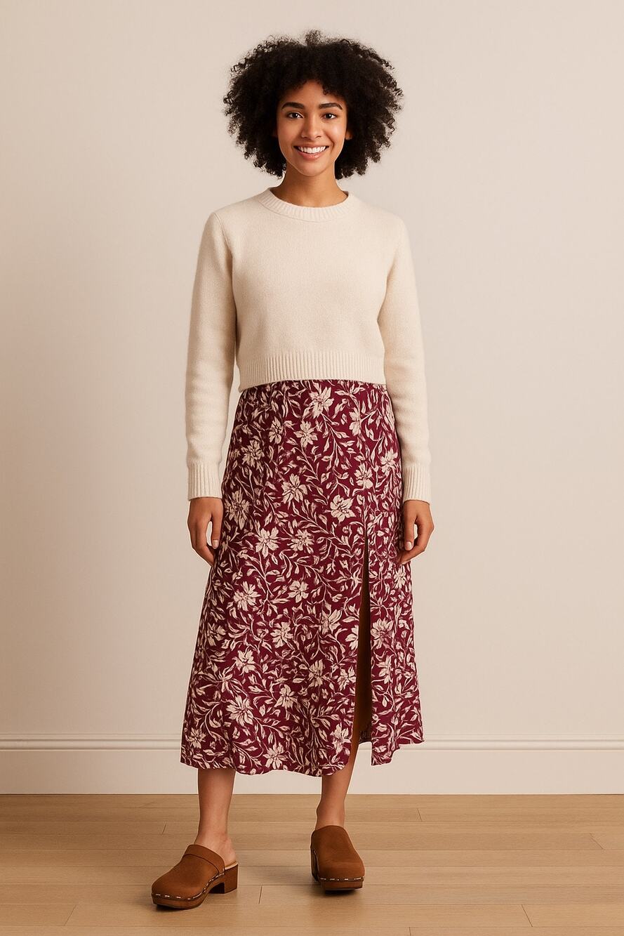 Patrons of Peace Pink and Cream Floral long Skirt with side slit medium rayon